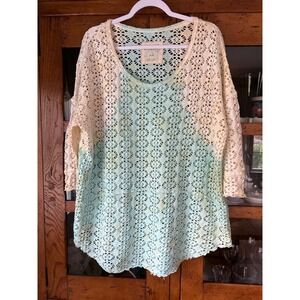 We the Free People Ombre Embroidered Sweater Green Scoop Neck Size Medium
